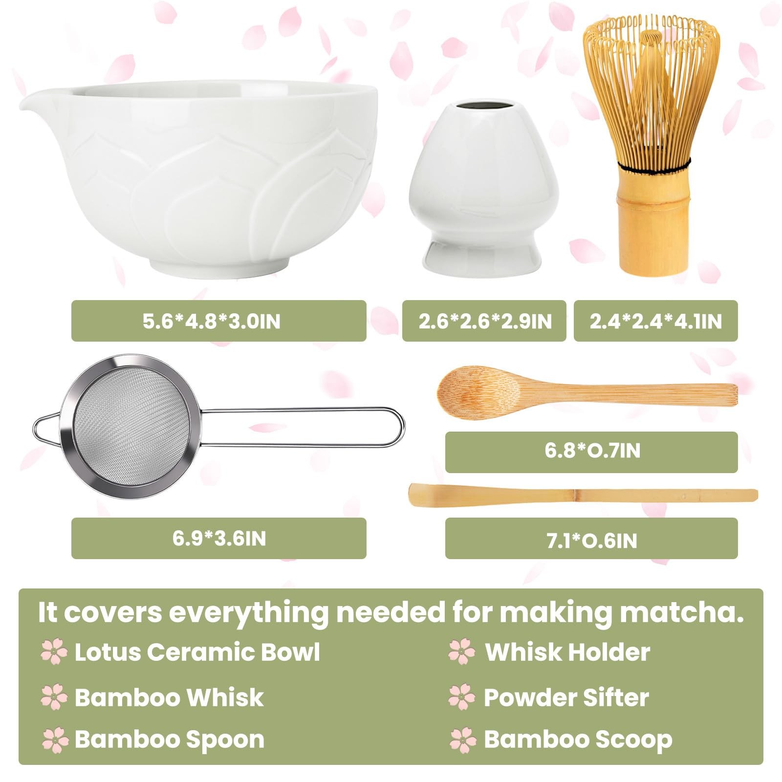 Matcha Whisk Set 6 Pcs – Includes Bowl, Whisk, Sifter, Scoop & Spoon for Tea