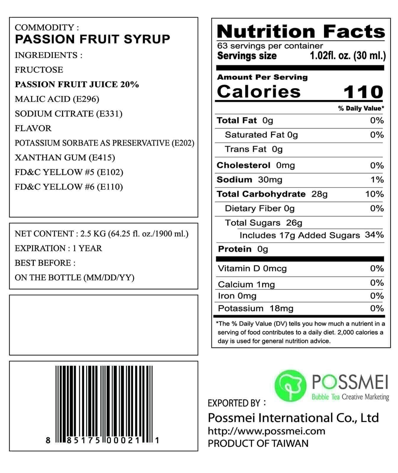 Possmei Flavored Syrup, Passion Fruit, 5.5 Pound Imported from Taiwan
