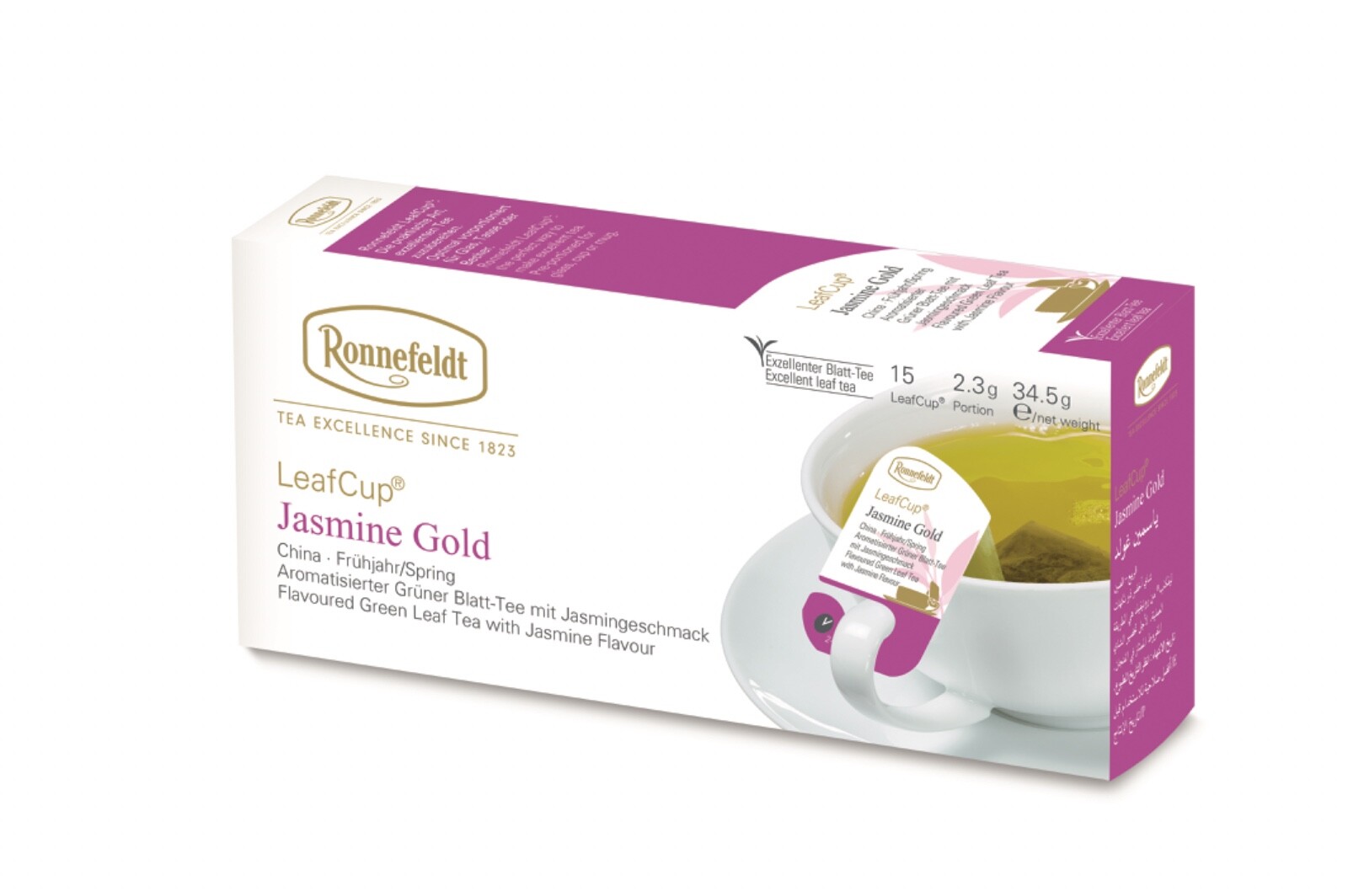 Ronnefeldt Leafcup® Jasmine Gold. 15 Green tea bags with Jasmine flavor.