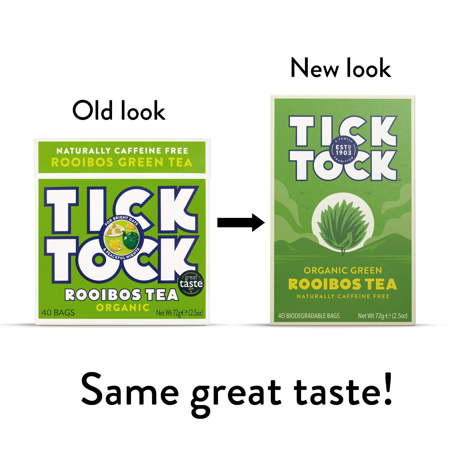 TICK TOCK TEAS Naturally Caffeine Free Red Bush Herbal Green Tea, 40 Count, Orga