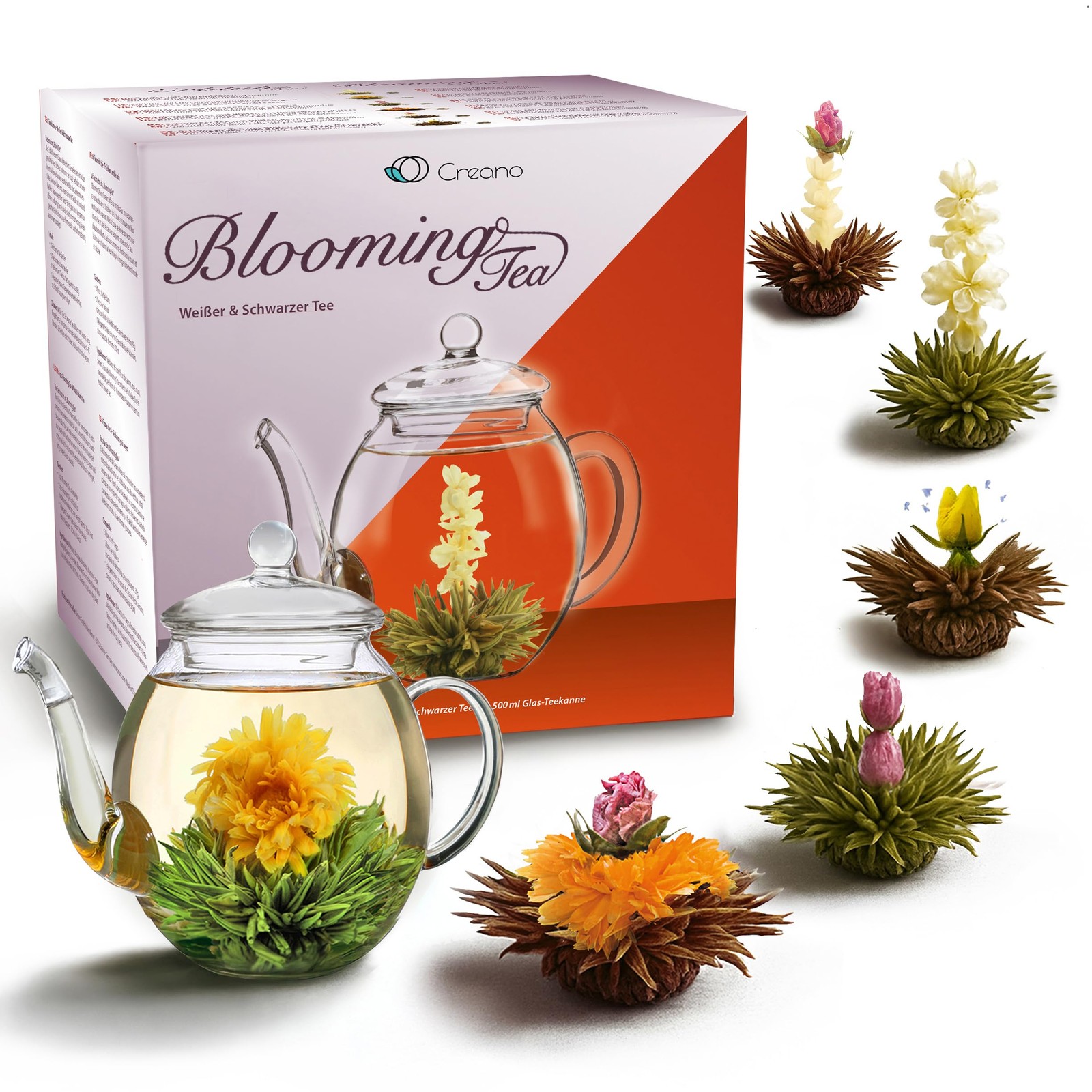 Creano Blooming Tea Gift Set with Glass Pot 17oz/500ml with 6 Flowering-Tea e…