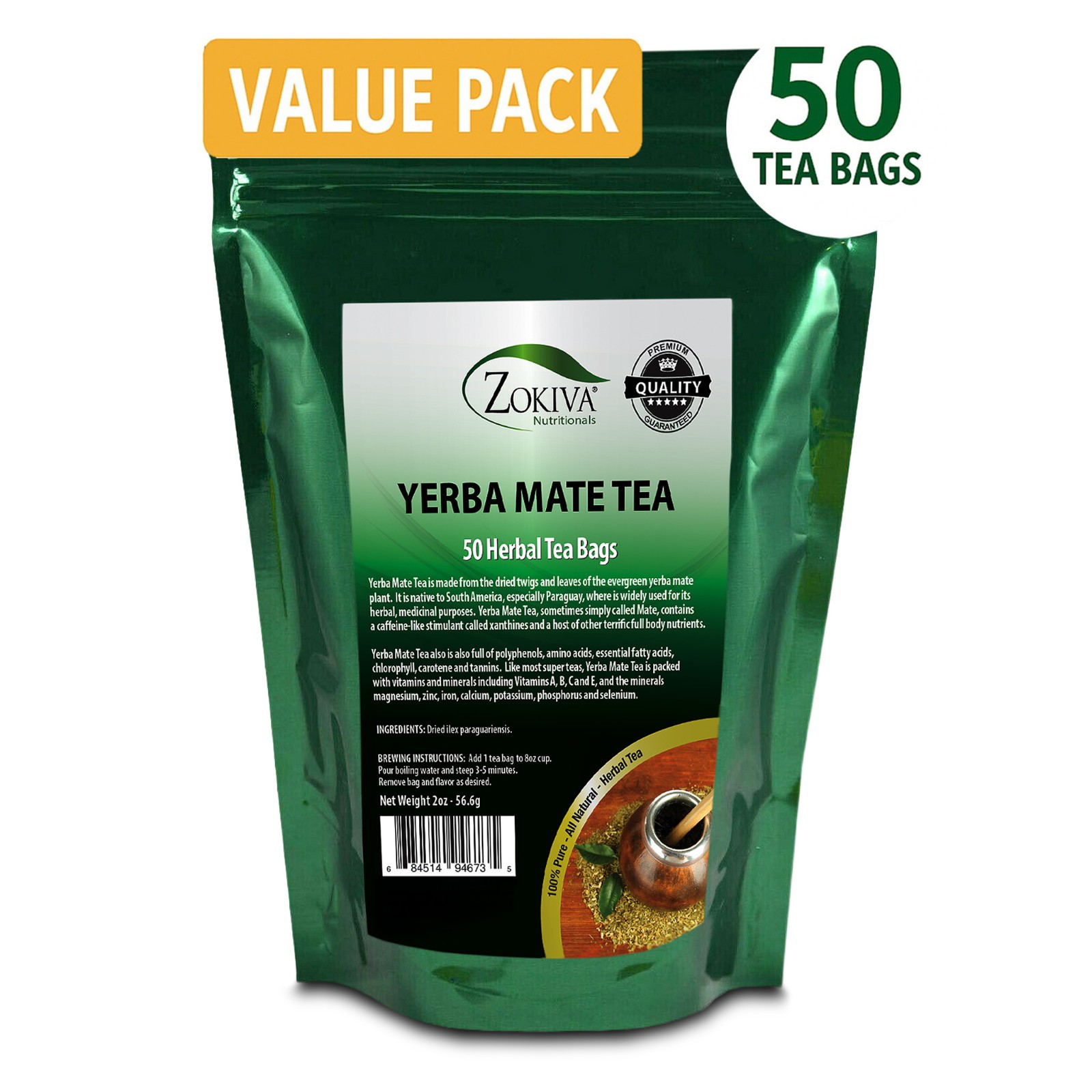 Yerba Mate Tea Bags 50 Count | Herbal Energy Tea | Fresh Leaf Bulk Value Zokiva
