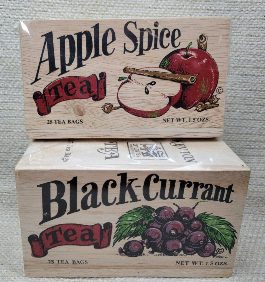 2 New Kevton Vintage Ceylon Tea Wood Boxes Apple & Black Current 240767