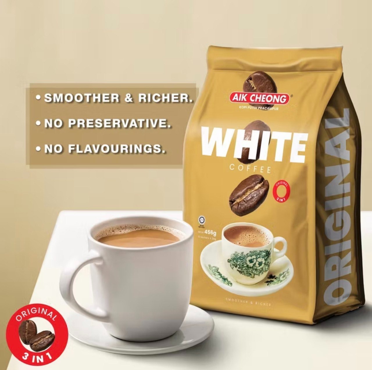 AIK CHEONG White Coffee 3in1 456g (38gm x 12 sticks) – Original