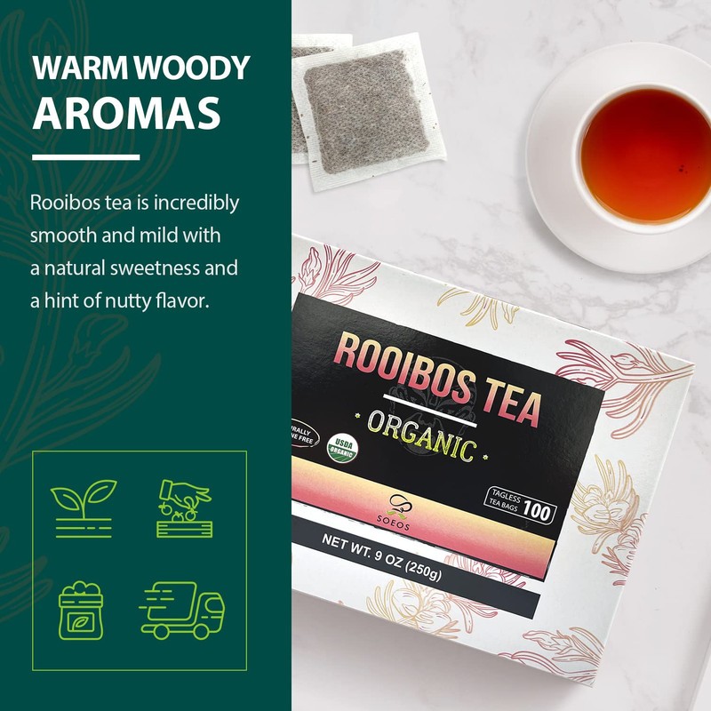 Organic Rooibos Tea,100 Teabag, 9oz (250g), 2 Packs,Total Weight of 18 oz (500g)