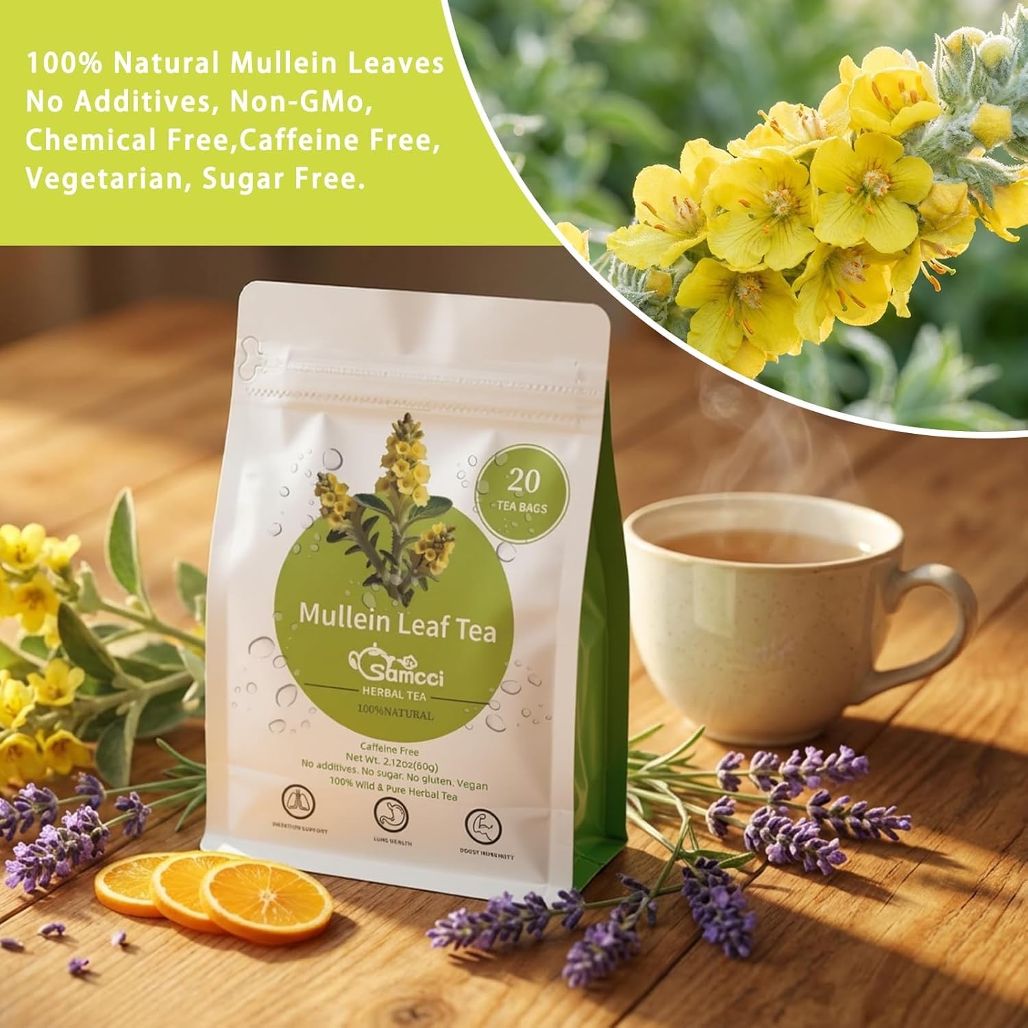 Caffeine-Free Mullein Leaf Tea Bags – 20 Teabags for Detox & Respiratory Health
