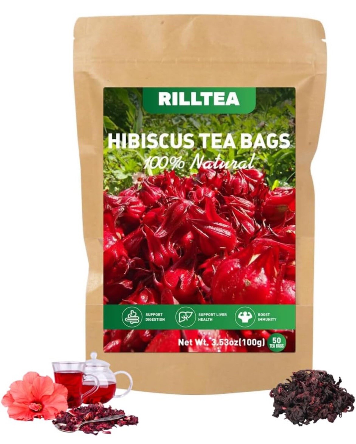 Rilltea Hibiscus Flower Tea Bags 50 💯 Natural
