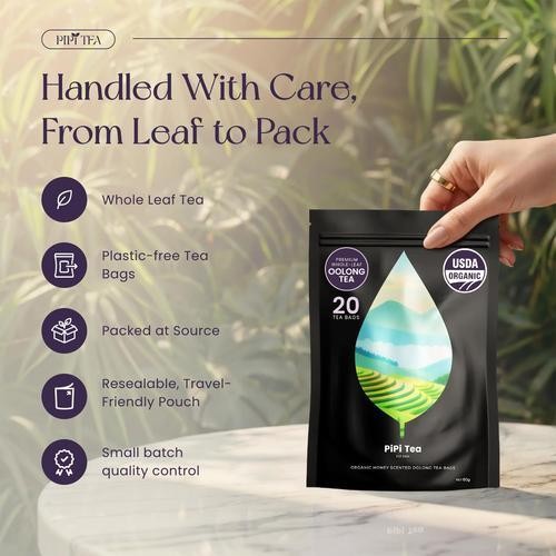 PiPi Tea Organic Oolong Tea Bags–Whole Leaf, 20 Bags(4g Each)–Cortisol & Calming
