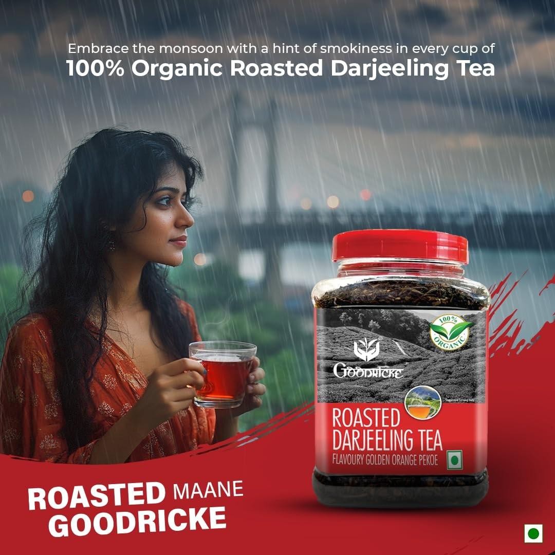 GOODRICKE Roasted Organic Darjeeling Tea Jar 250gm Flavoury Golden Orange Pekoe