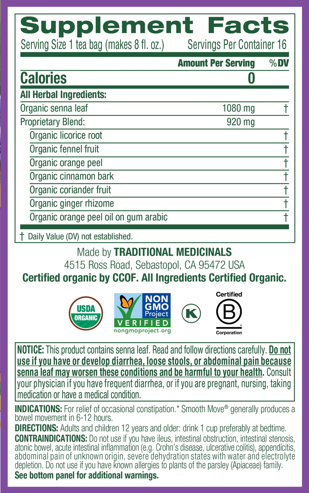(4 pack) Traditional Medicinals, Organic Smooth Move, Tea Bags, 16 Ct