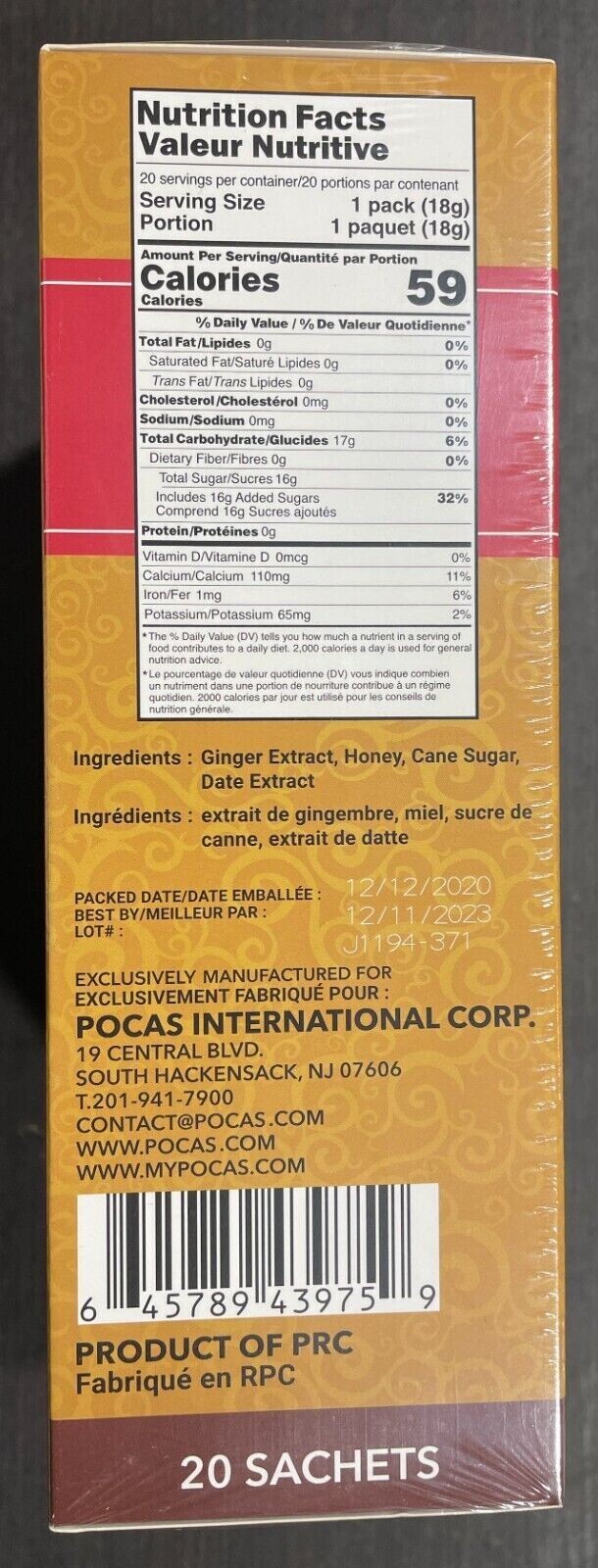 Pocas Instant Honey Ginger Tea + Turmeric – 20/40 Tea bags – Real Honey Ginger