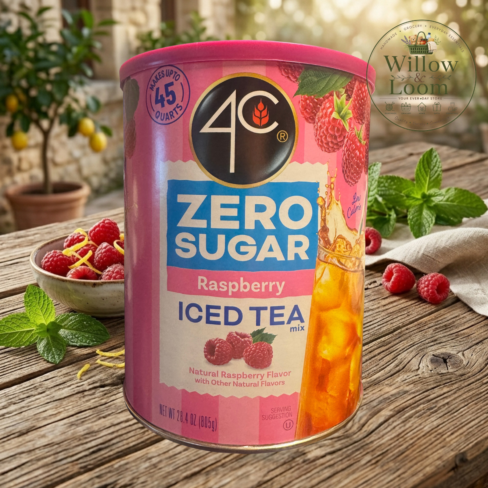 4C Zero Sugar Raspberry Iced Tea Mix 28.4oz Natural Raspberry Flovor 45 Quarts