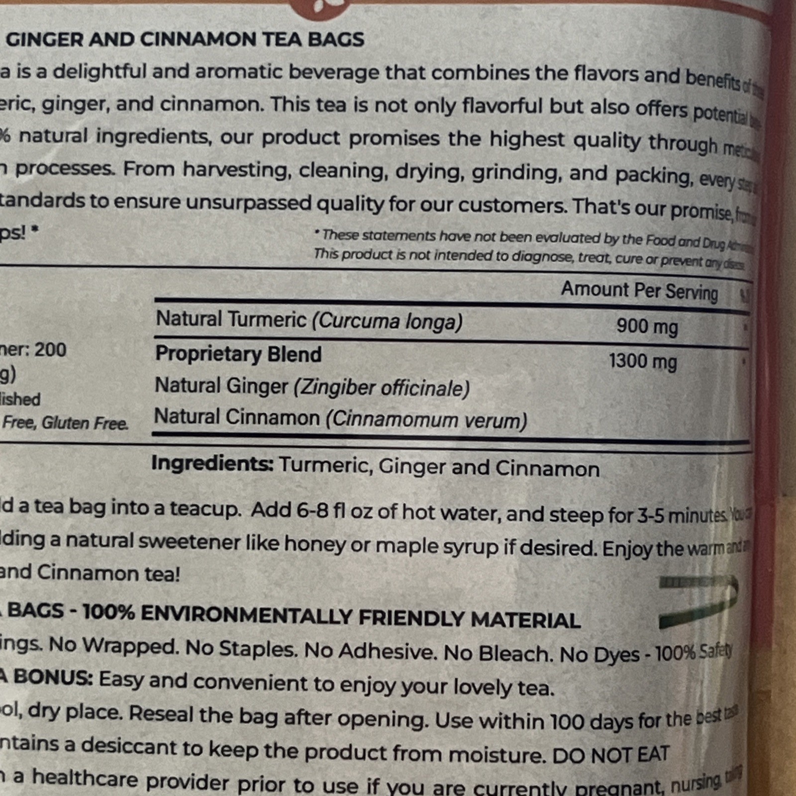 Premium 200 Turmeric Ginger Cinnamon Natural Tea Bags Pure No Additive Added