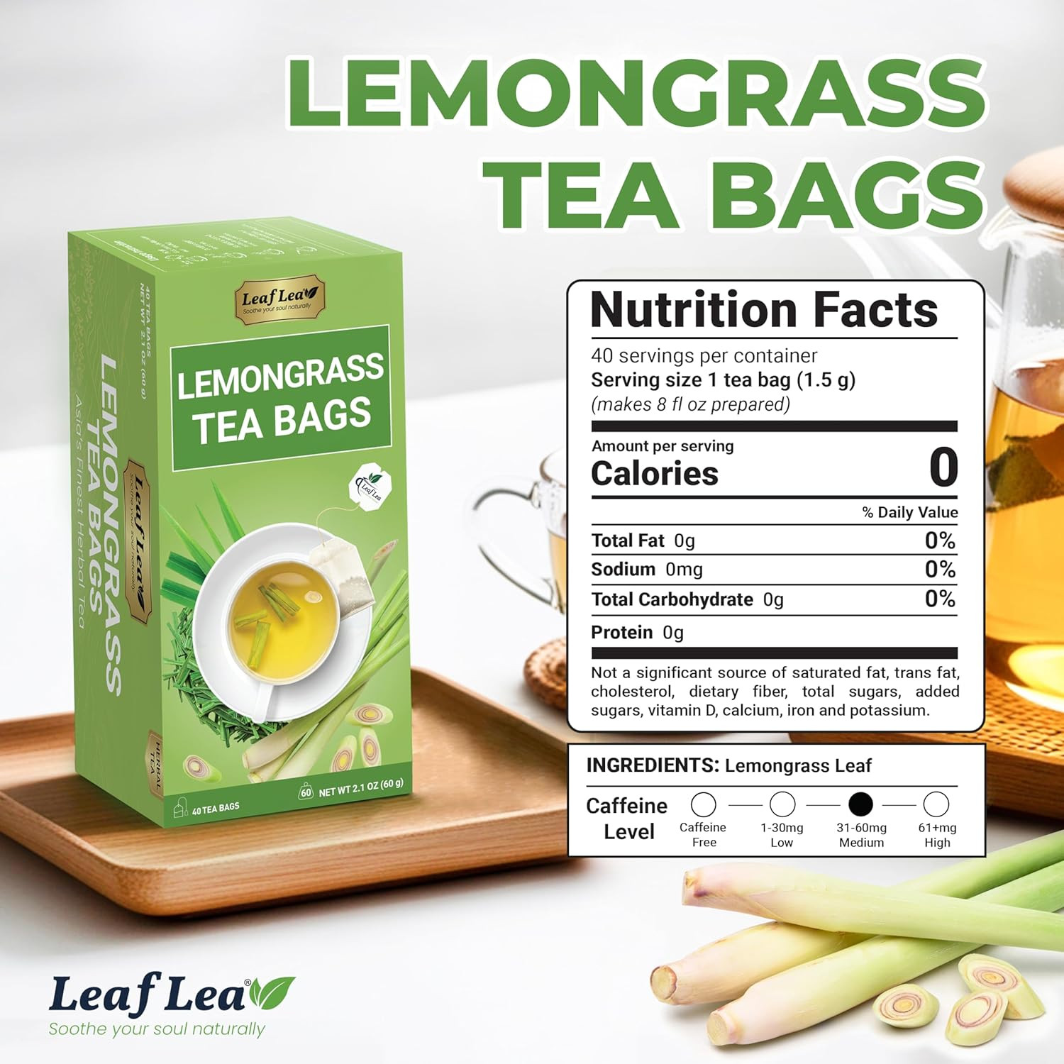 80 Premium Lemongrass Tea Bags, Natural Herbal Lemongrass Leaves, Te De Limoncil