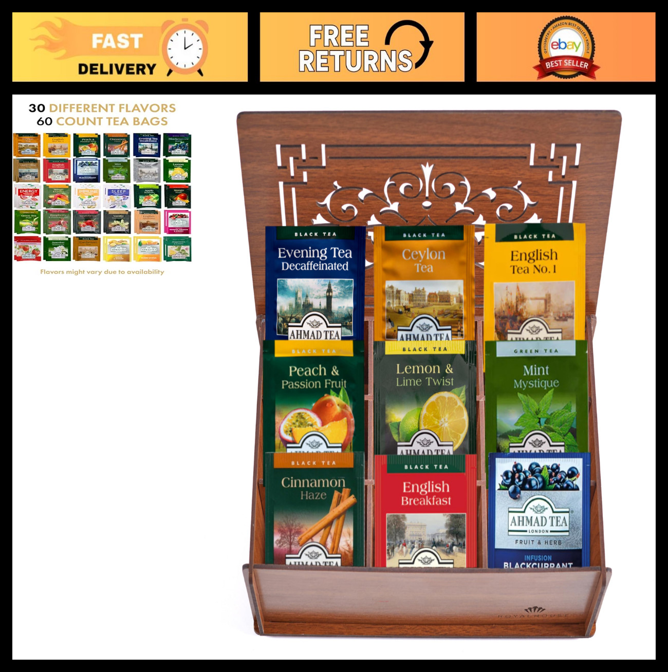 Variety Pack Tea Bags Sampler in Wooden Gift Box – 60 Count, 30 Flavors Assorted
