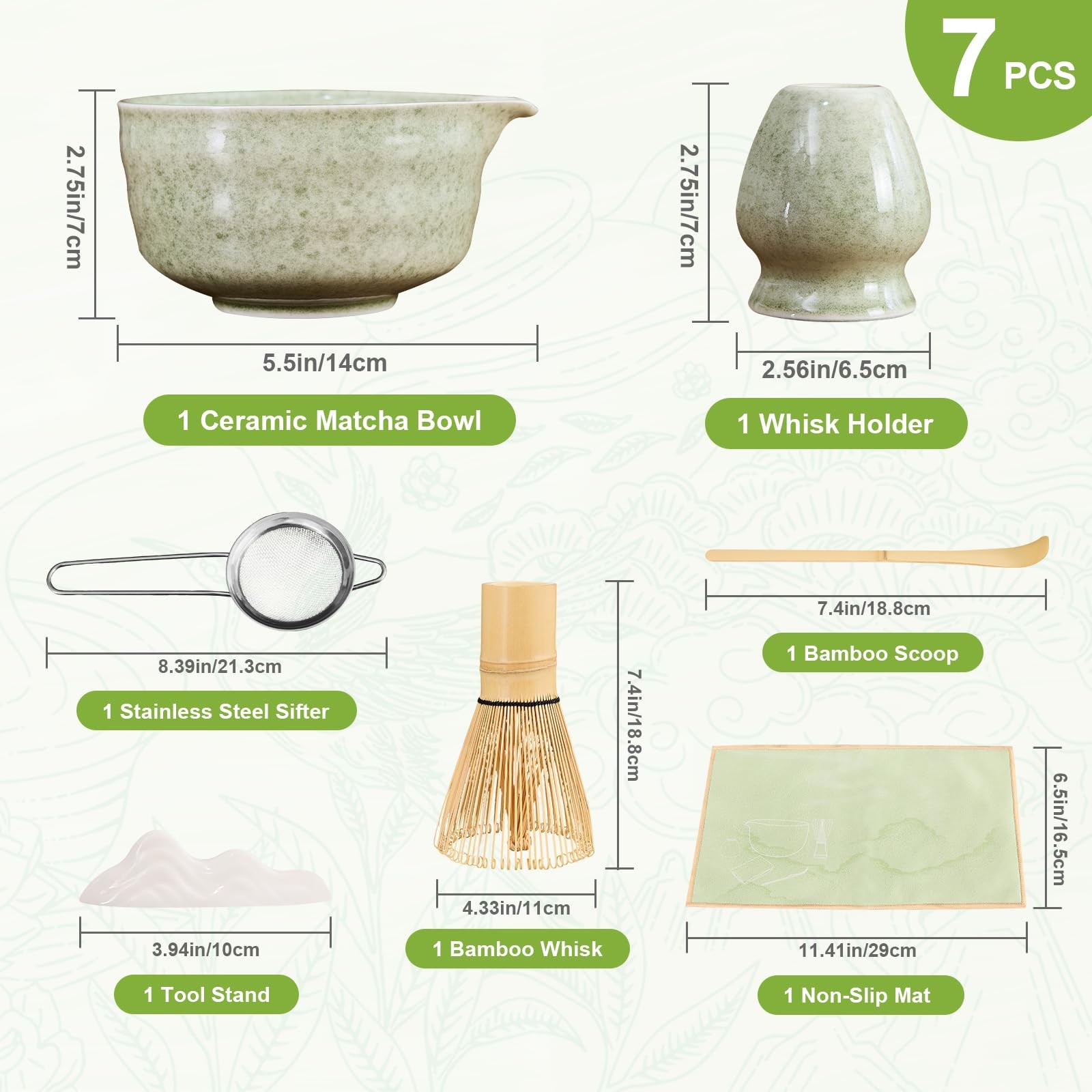 Matcha Whisk Set 7 Pcs – Bowl with Spout, Bamboo Whisk, Sifter, Scoop – Ideal