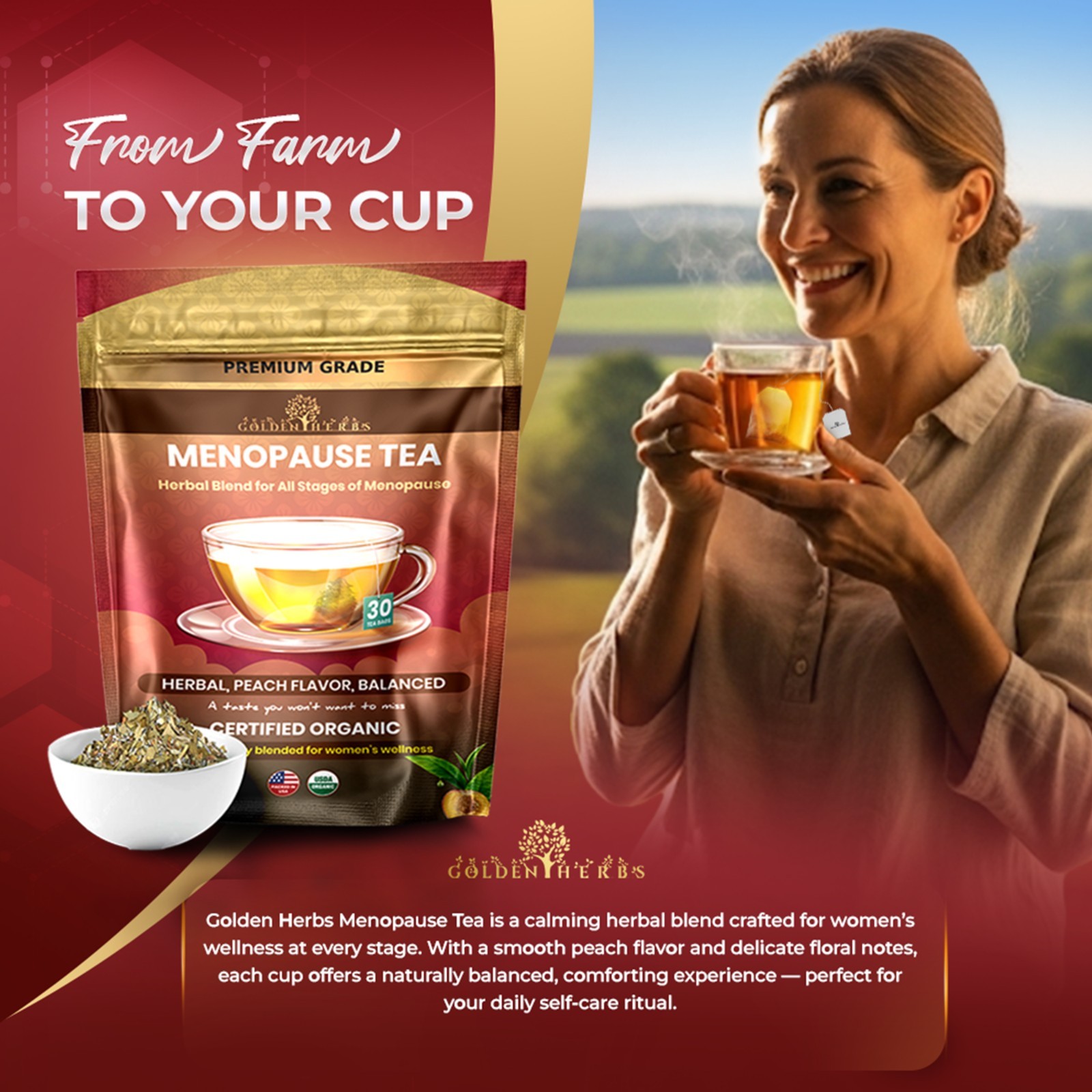 Golden Herbs Menopause Wellness Tea 30 Caffeine-Free Tea Bags Soothing Blend