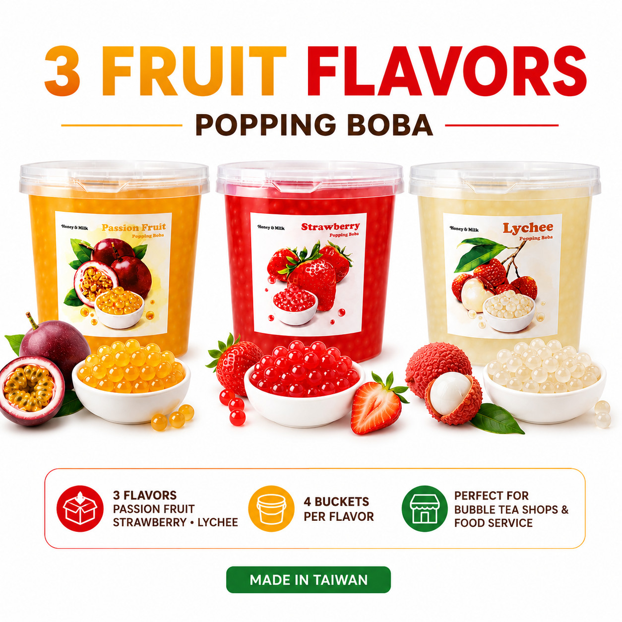 Honey&Milk Popping Boba 4 Pack 3.2KG Passion Fruit Strawberry Bubble Tea Taiwan
