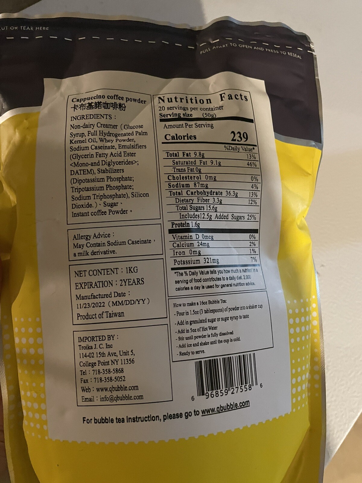 Qbubble 3in 1 Bubble Tea Powder, Cappuccinos,2.2 Lbs