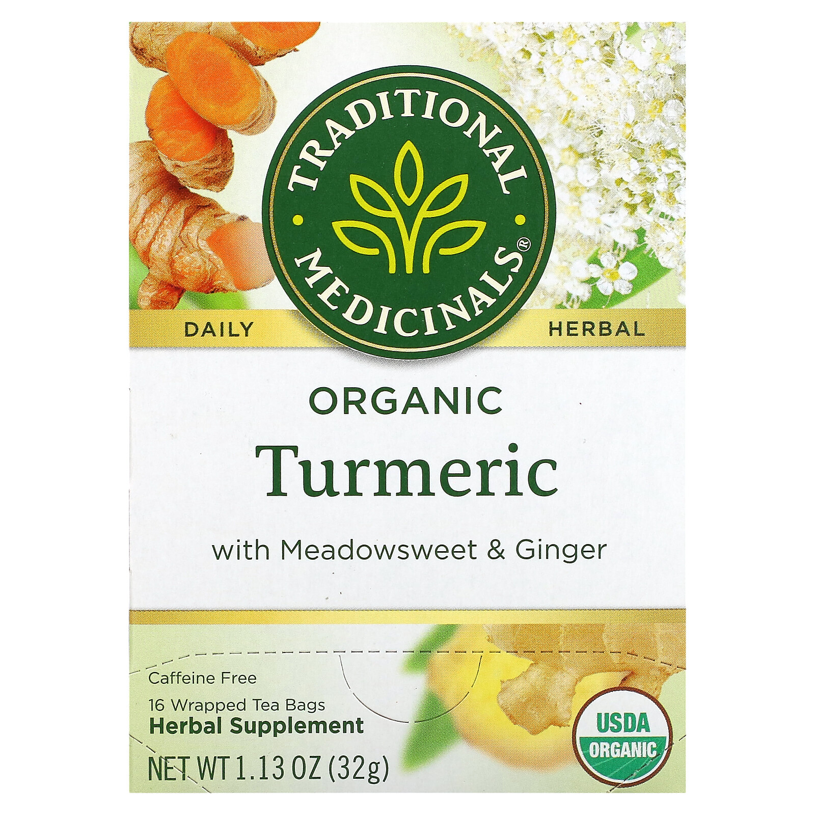 Organic Turmeric with Meadowsweet & Ginger, Caffeine Free, 16 Wrapped Tea Bags,