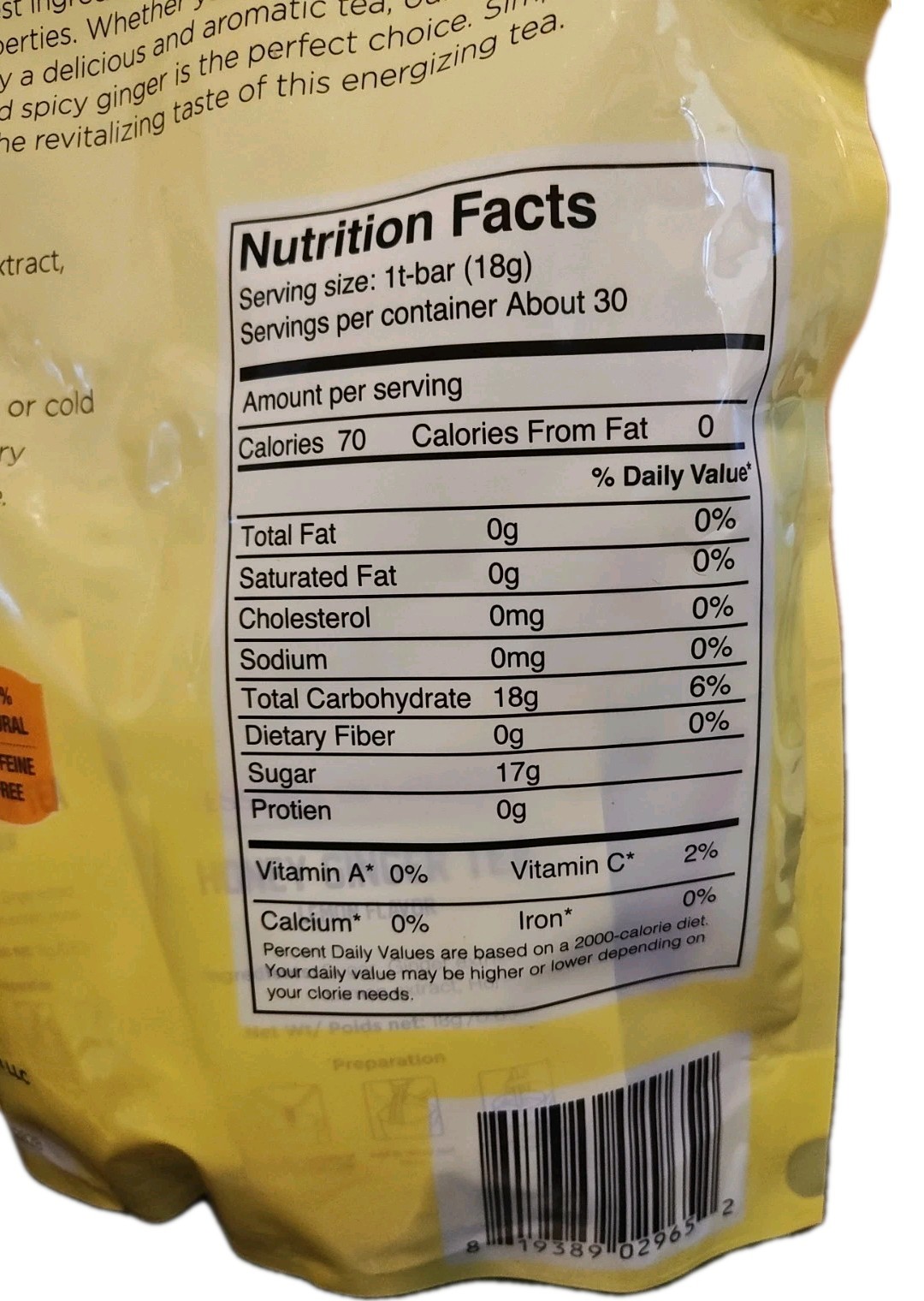 Family Size Instant Honey Ginger Tea Lemon Flavor 30 sachets Caffeine Free 2pack