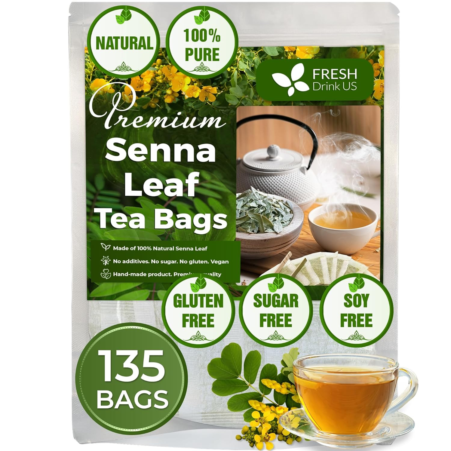 , Premium 135 Senna Leaf Tea Bags, 100% Natural & Pure from Senna Leaves. Loose