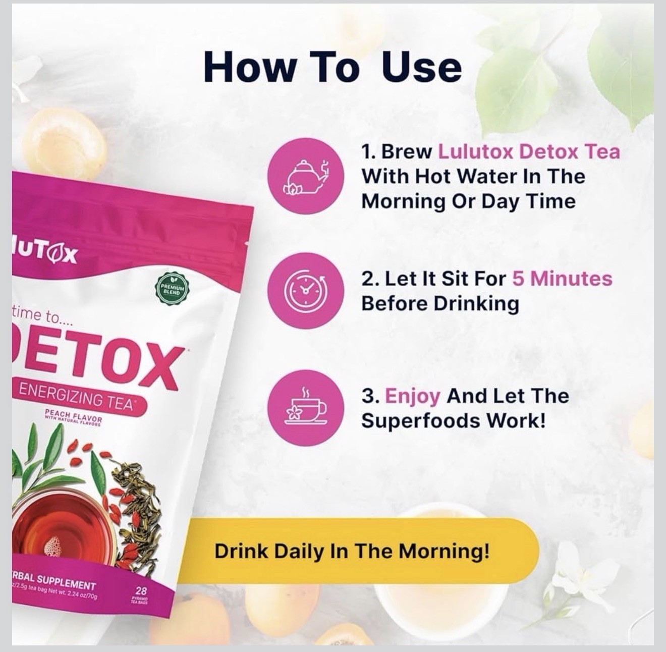 LuluTox Detox Energizing Tea Peach Flavor Bagged Herbal Supplement 28 Bags