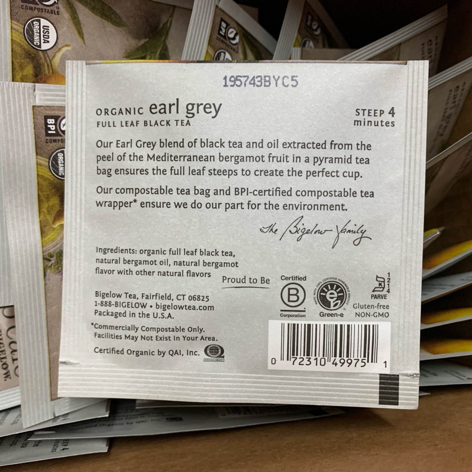 50 Pack Steep Cafe By Bigelow EARL GREY Organic Tea Bags Black Tea Steep Café