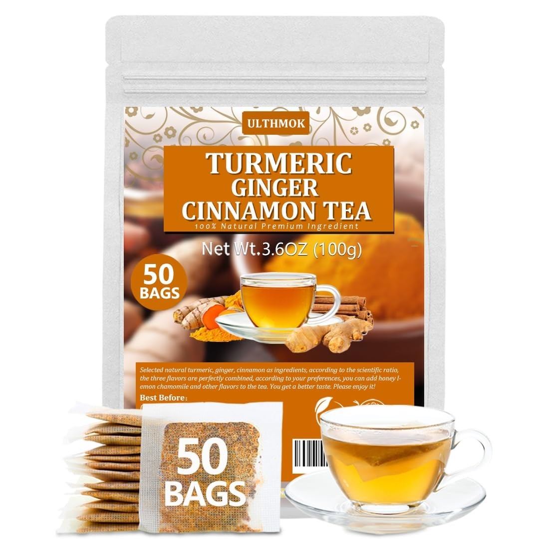 50 Turmeric, Ginger, Cinnamon Blend Tea Bags, 100% Natural & No Additives & …