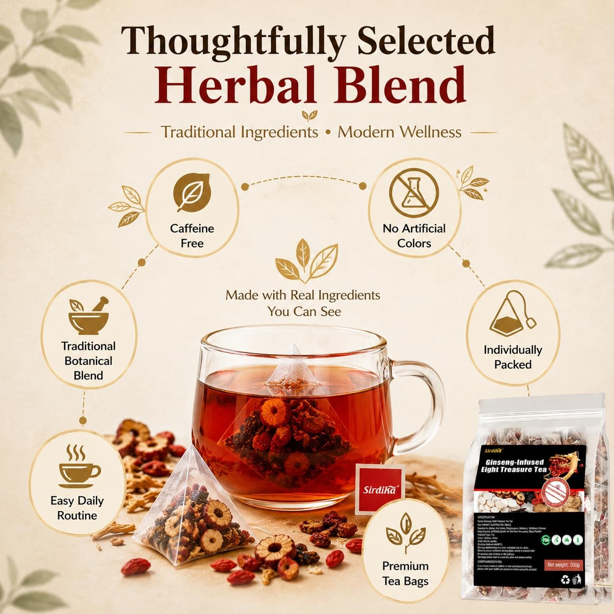Ginseng-Infused Eight Treasure Tea Bags, Herbal Botanical Blend with Red…