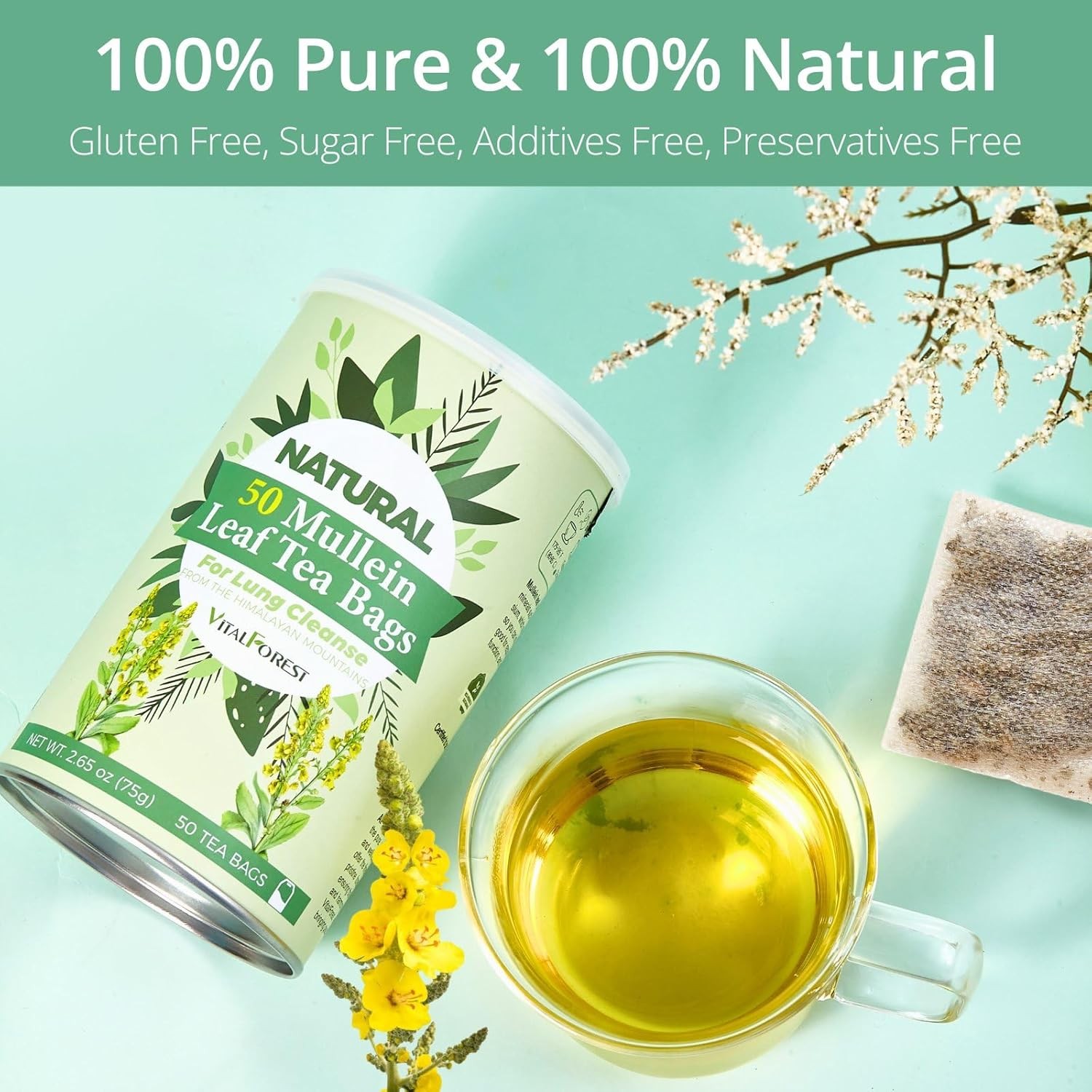 50 Mullein Tea Bags for Lung Cleanse & Respiratory Support