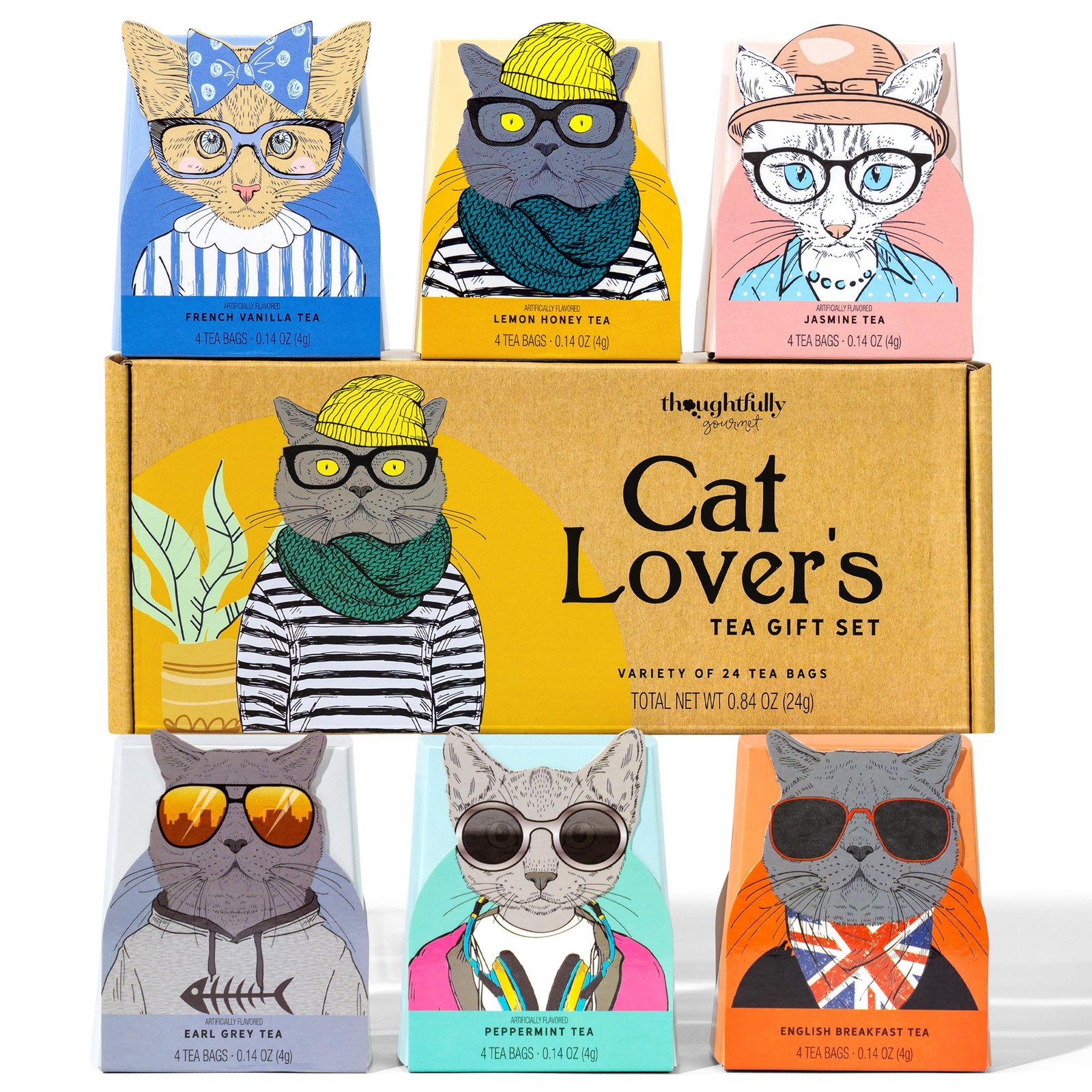 24 PCS Cat Lover Tea Gift Set Gourmet 6 Flavors Art Quotes Cat Mom Dad