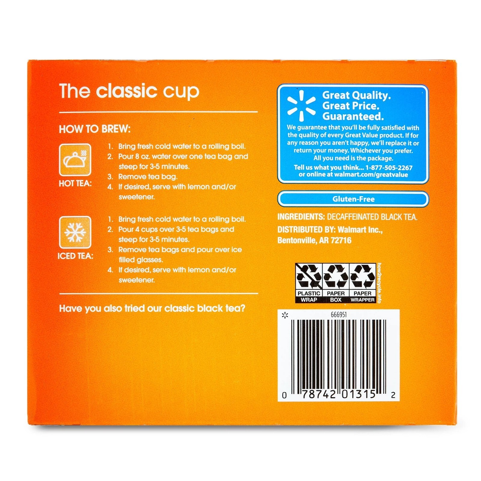 Great Value Decaffeinated Black Tea, 3.1 oz, 48 Tea Bags