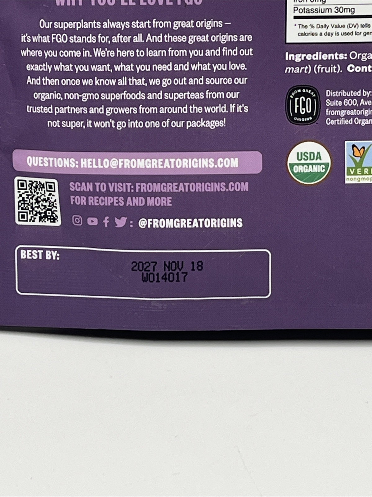 2 bags From Great Origins Organic Acai powder 4.oz each From Brazil 11/18/2027