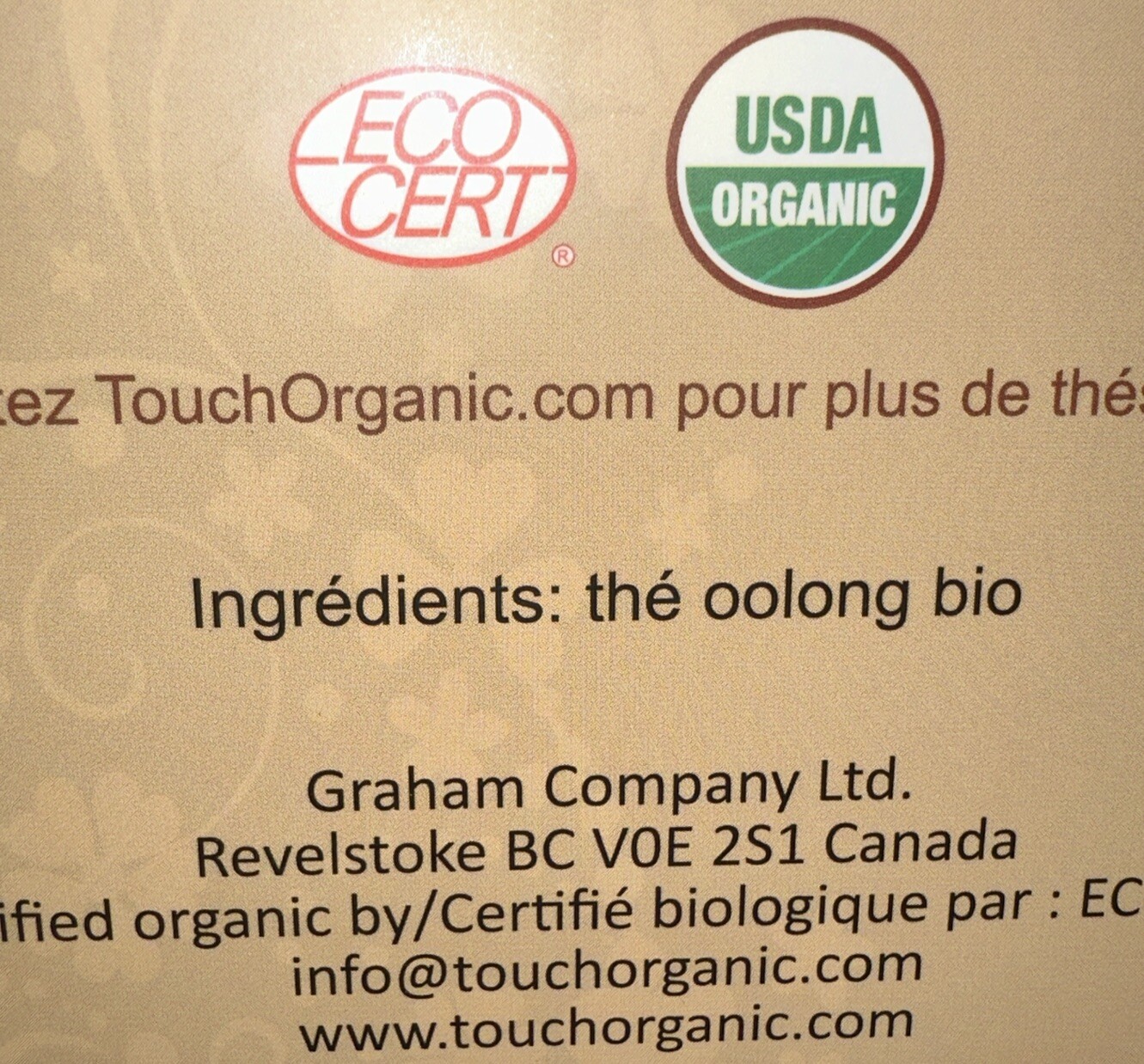 TOUCH ORGANIC OOLONG ORGANIC TEA 2 Boxes= 80 Tea Bags-BB 10/2026