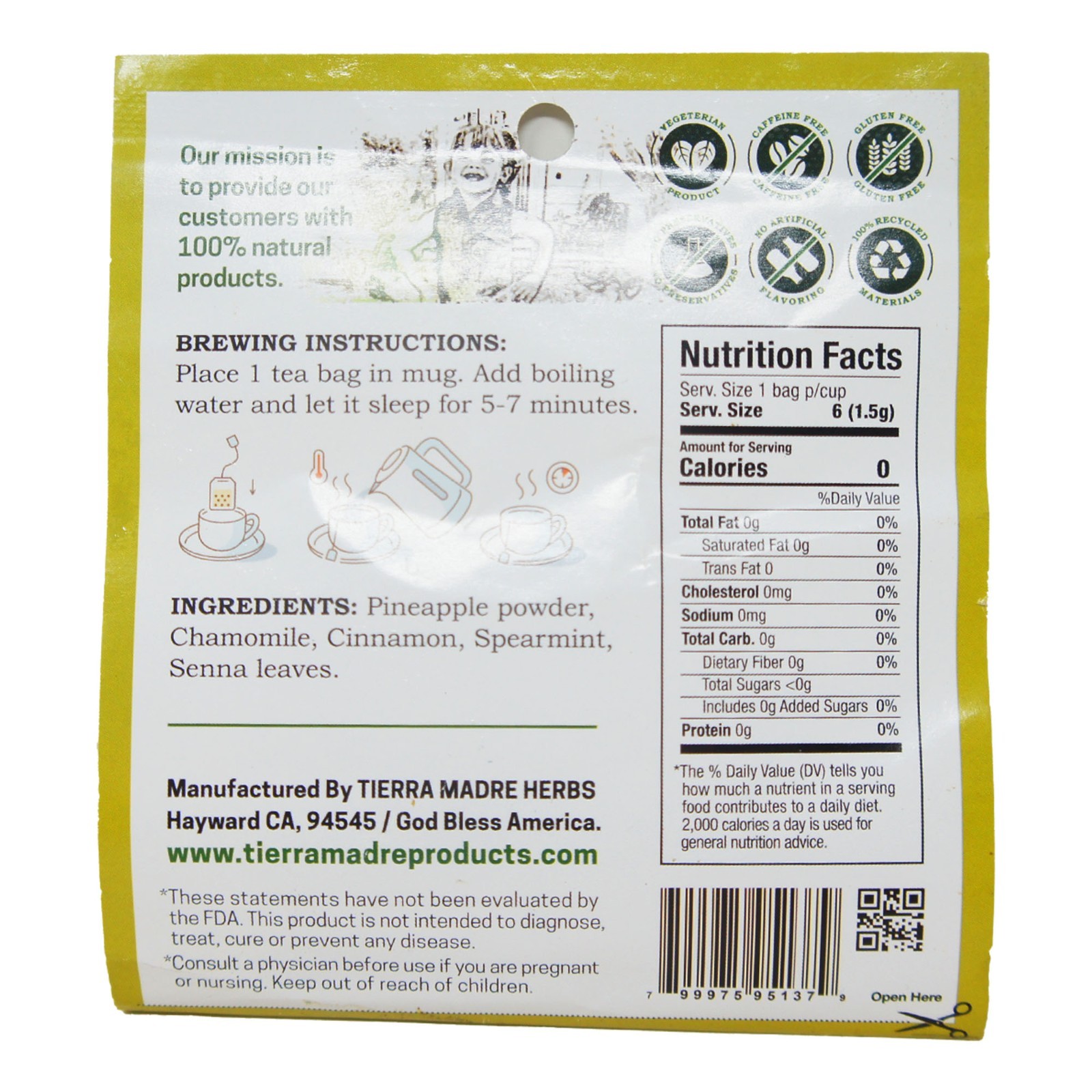 Tierra Madre Pineapple Slim Tea 6 Tea Bags 9g Herbal Weight Support Tea