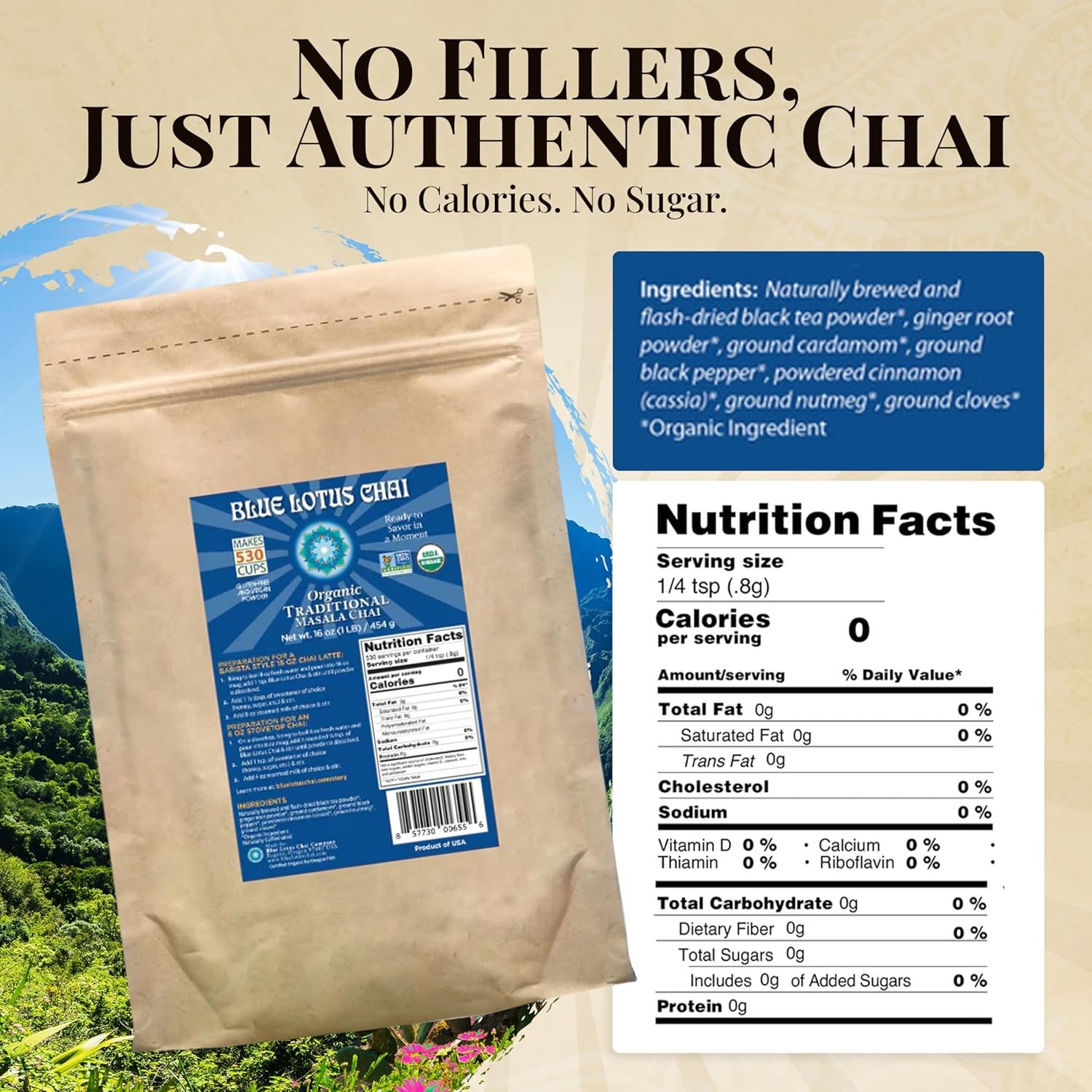 Blue Lotus Chai – Fully Organic Traditional Masala – Makes 530 Cups 1 LB