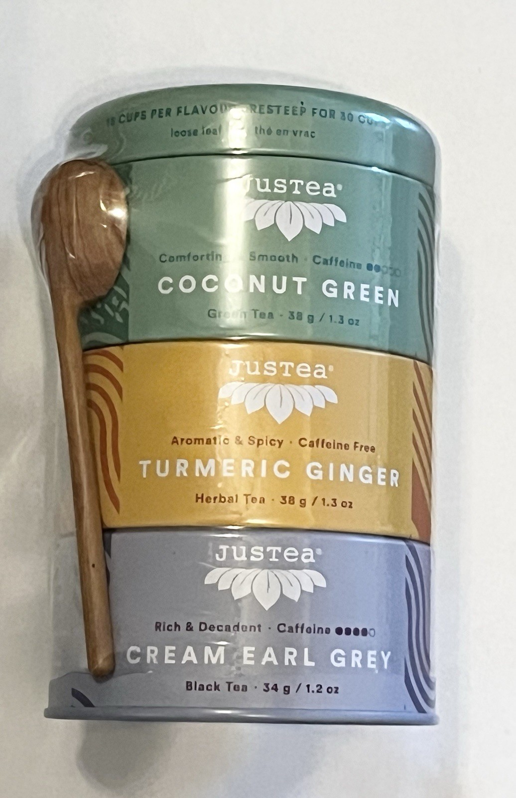 JusTea Assorted Tea Trio With Spoon- Green, Ginger, Earl Grey