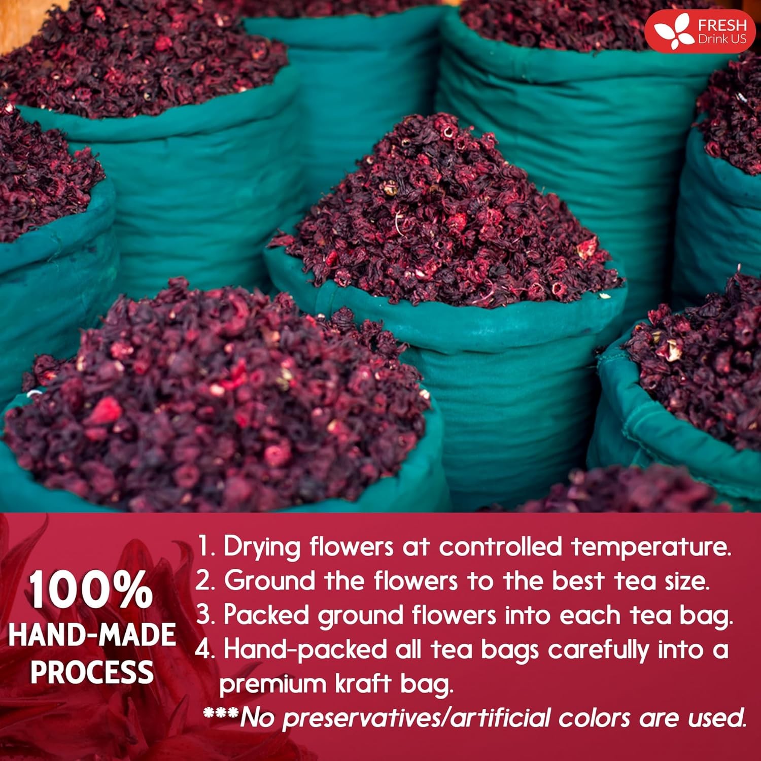FreshDrinkUS, Premium 140 Hibiscus Flowers Tea Bags, 100% Natural, Handmade & Pu