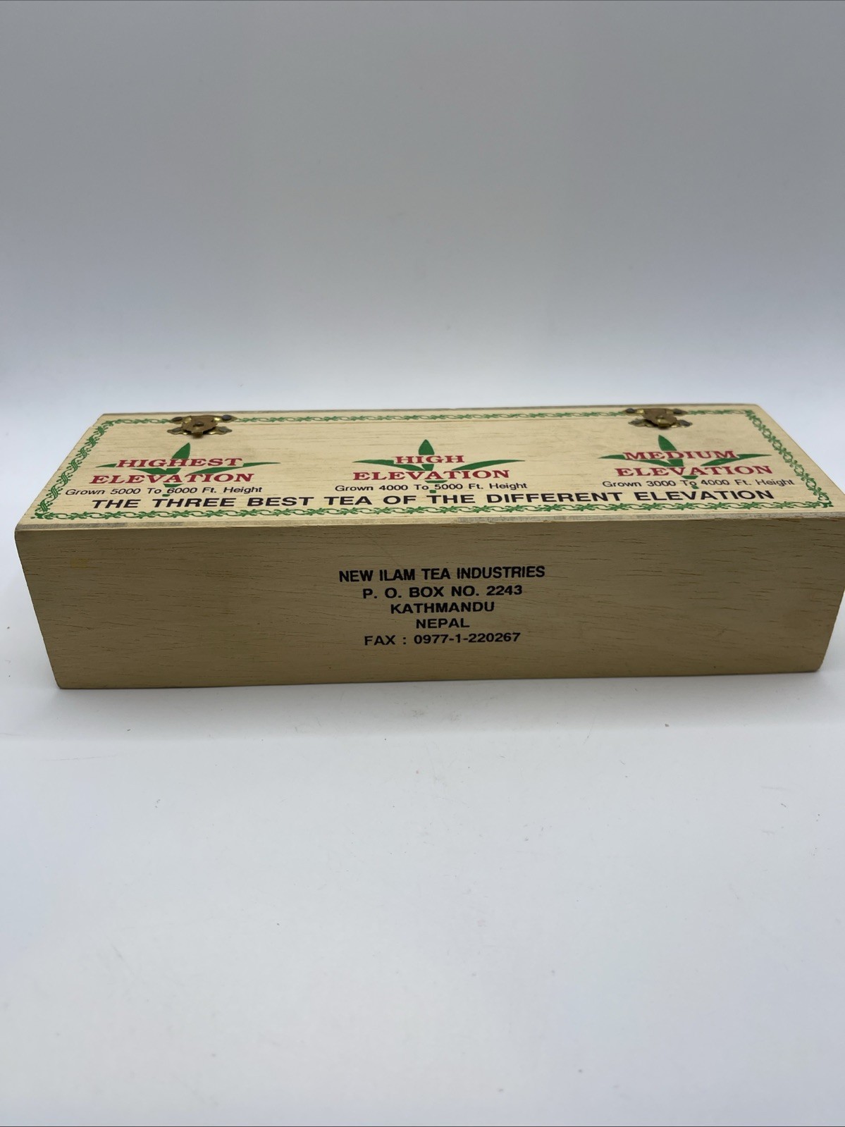 Wooden Tea Box from Niti Labeled “Three Packets 50G” from Different Elevations