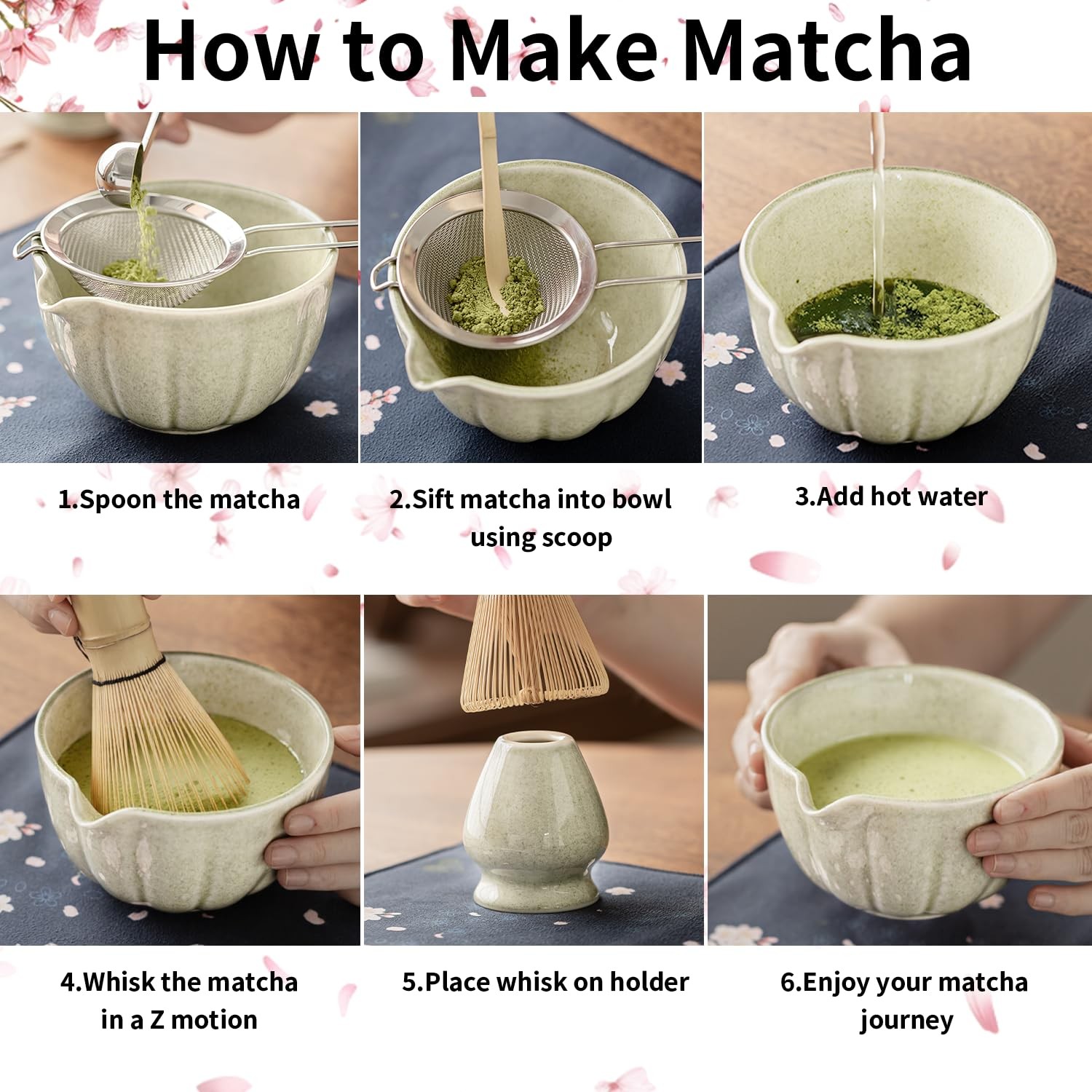 Matcha Whisk Set Ceramic Bowl Tea Ceremony Kit 8 Pc Gift Set for Beginners