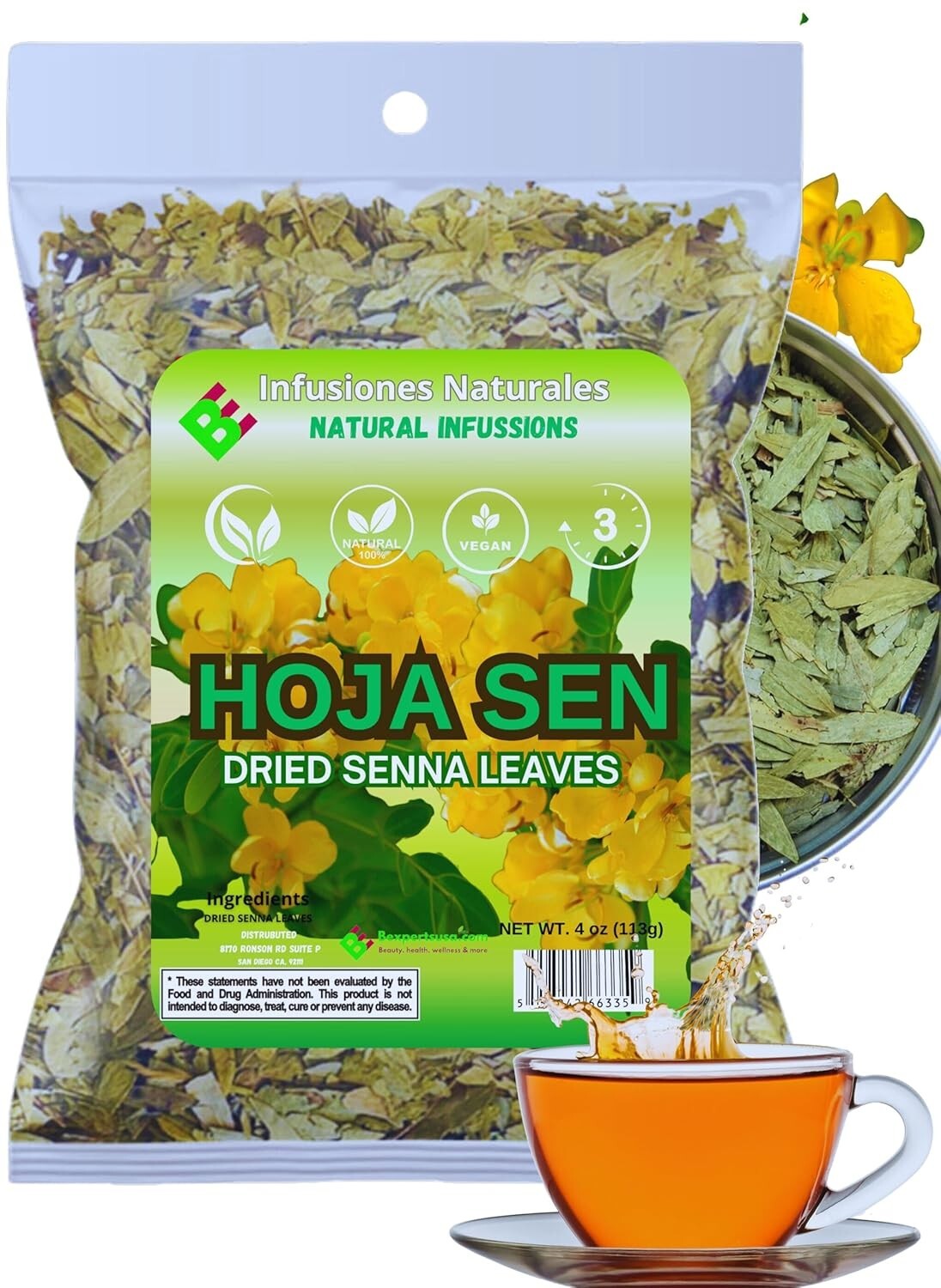 Hoja de Sen Té (Senna Leaf Tea Natural) Net Wt. 4 oz (113g) – 100% Natural,Vegan