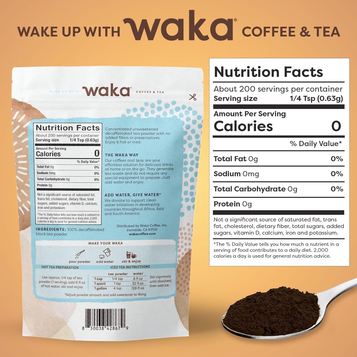Waka Decaffeinated Instant Black Tea – 4.5oz Powder for 200 Drinks, Pure Tea