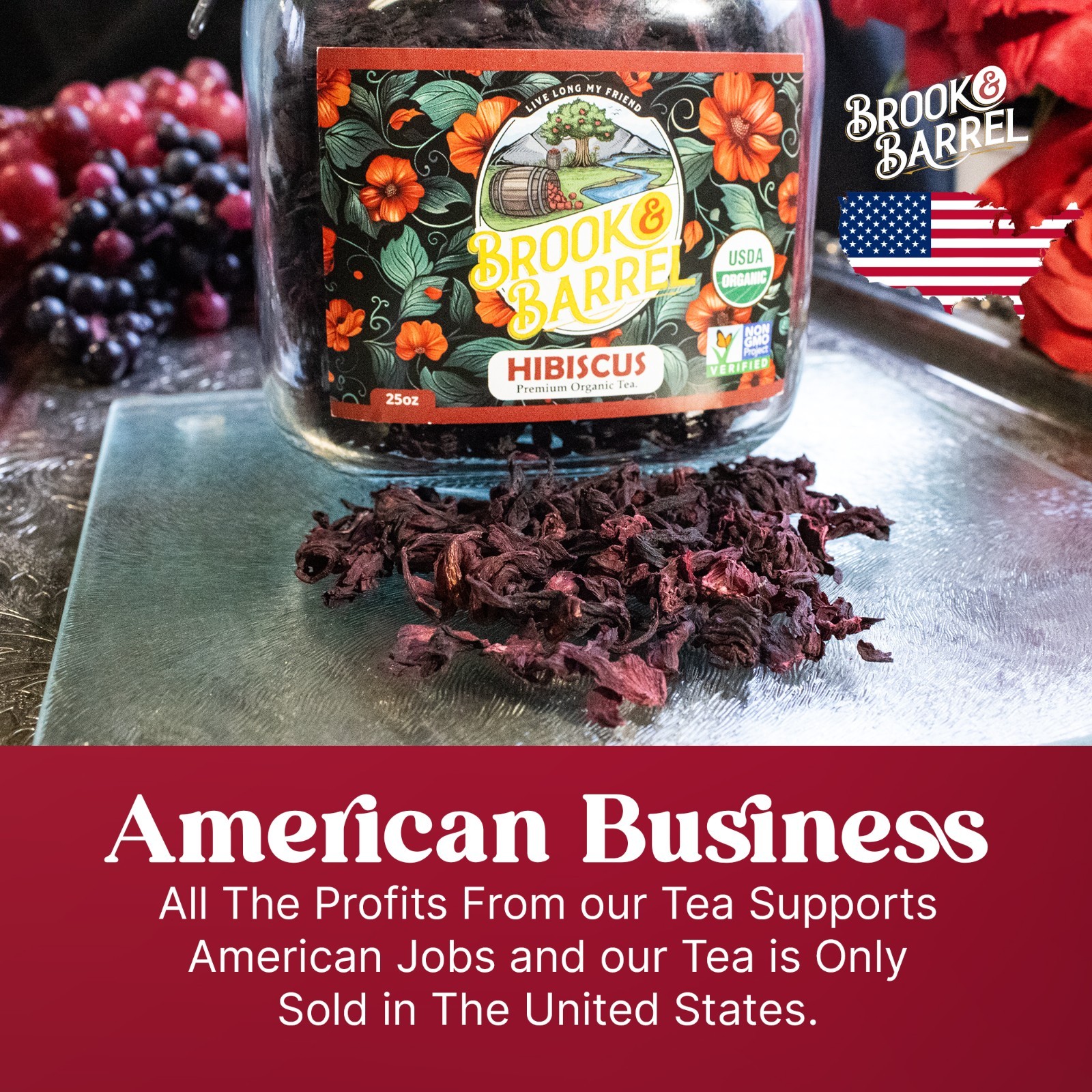 USDA Organic Hibiscus Loose Leaf Tea 1.6lb 25oz Brook & Barrel Glass Jar Herbal