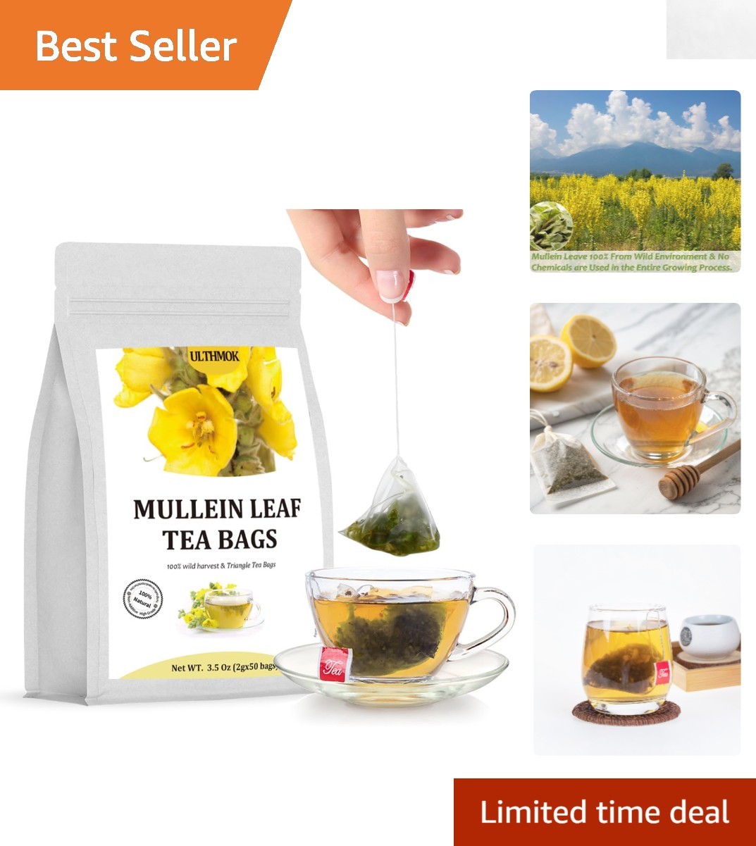 30 Day Supply of 50 Caffeine-Free Mullein Leaf Tea Bags for Respiratory Health