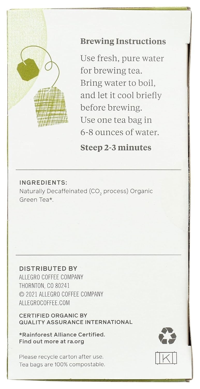 Allegro 20 Count Organic Decaf Green Tea Bags – Kosher & Allergen-Free Comfort