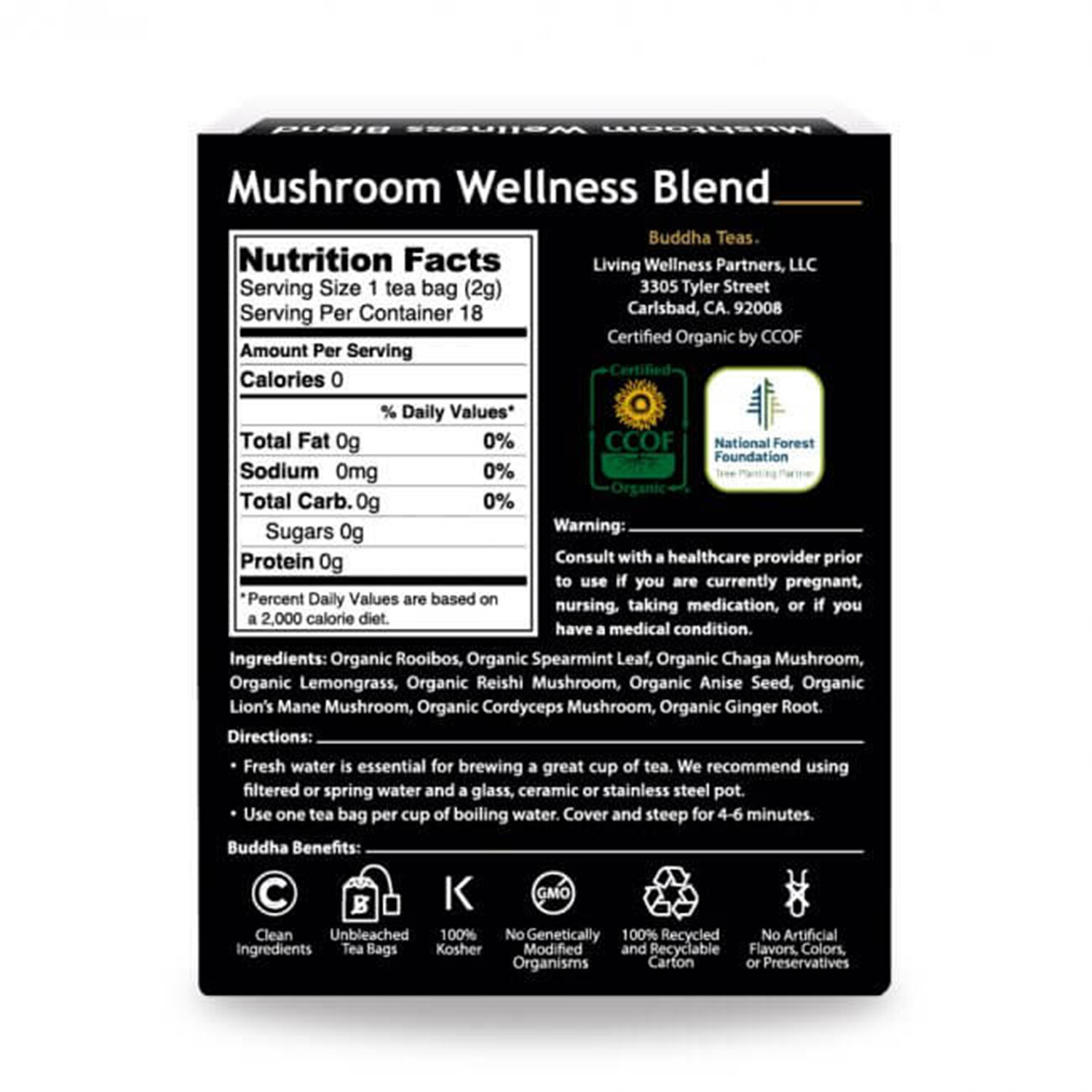 Buddha Teas Organic Mushroom Wellness Blend Tea, 18 Tea Bags