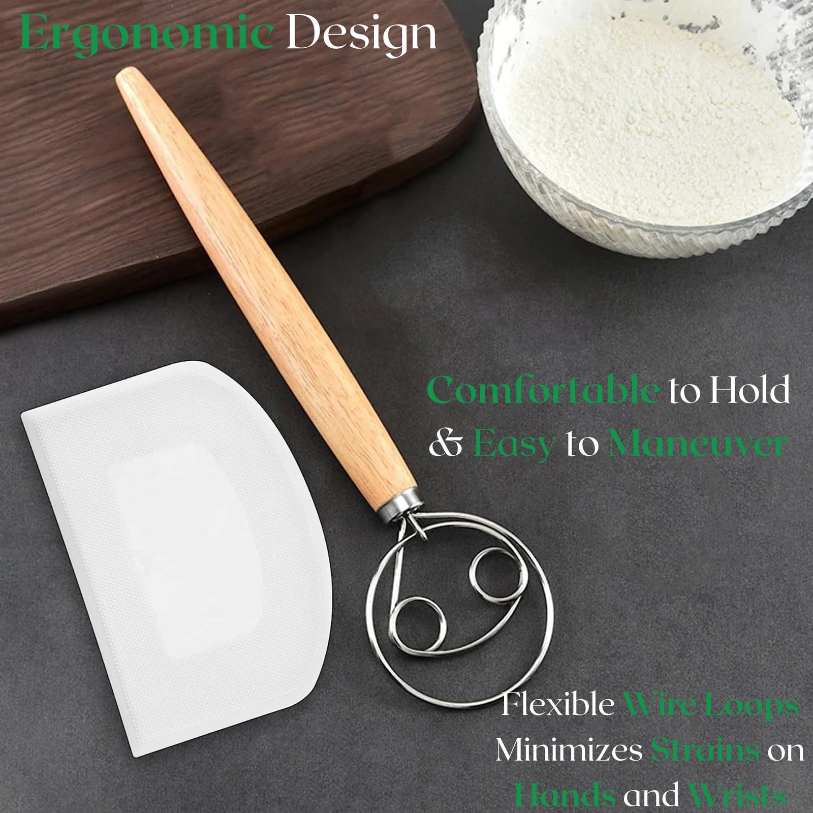 13 Inch Danish Dough Whisk with Scraper, Dutch Bread Large, Wooden