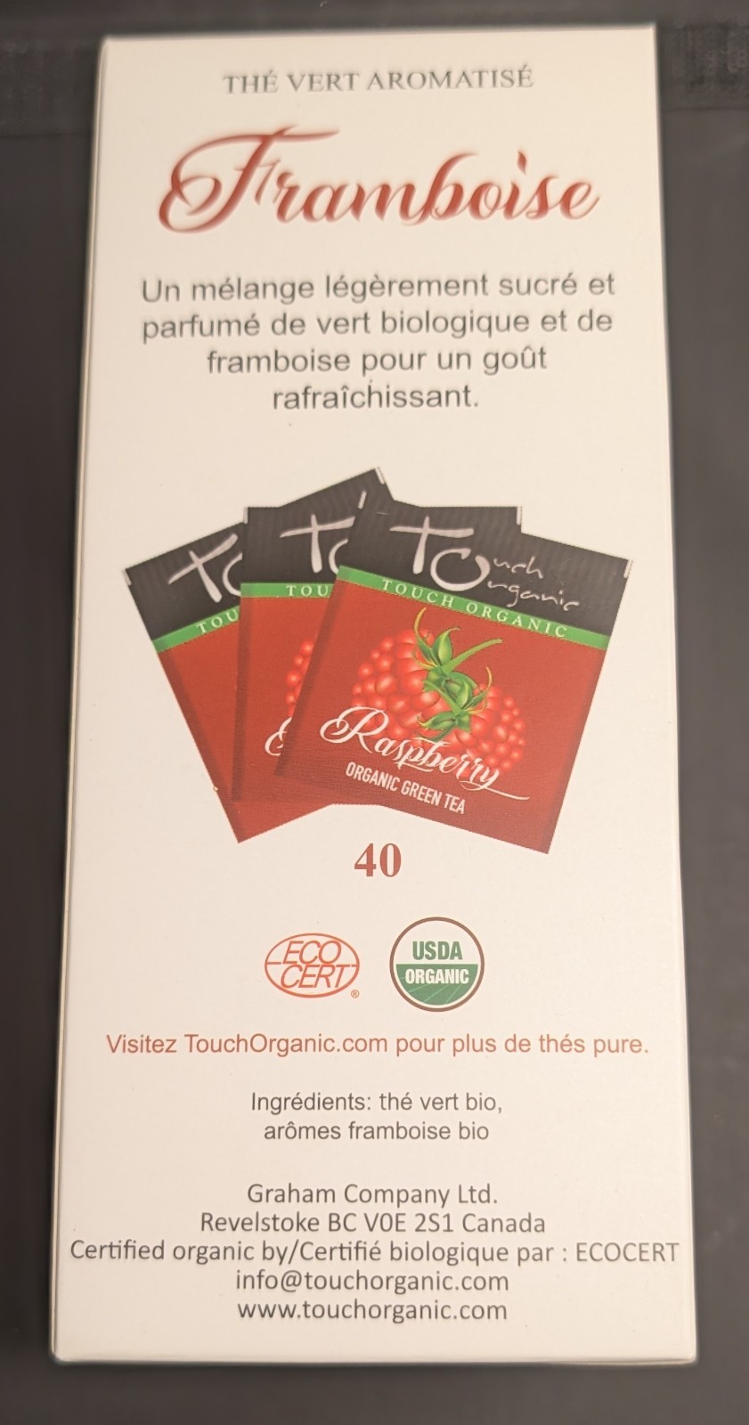 Touch Organic Raspberry Green Tea 40 Tea Bags Best By 11/05/2027 USDA ORGANIC