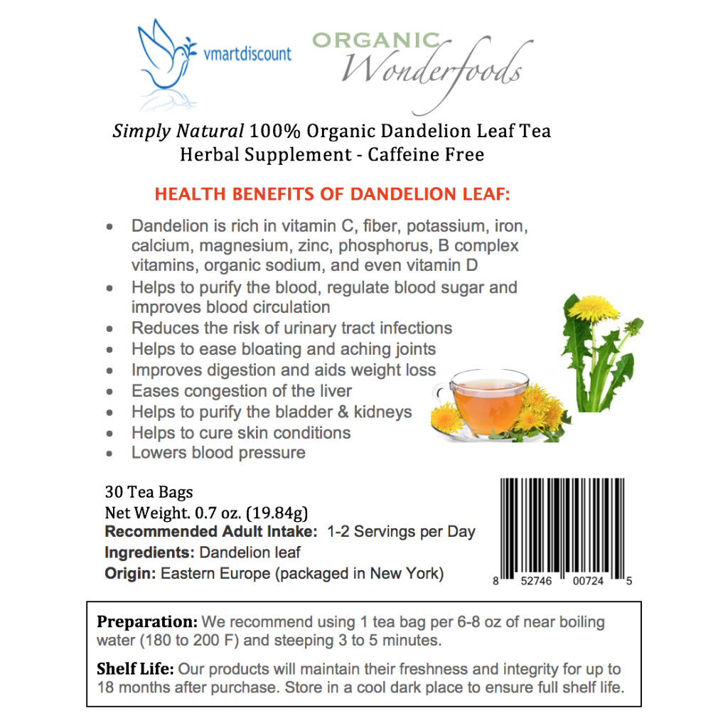 Organic Dandelion Leaf (Diente de Leon) Premium Herbal Tea 30 Bags Caffeine Free